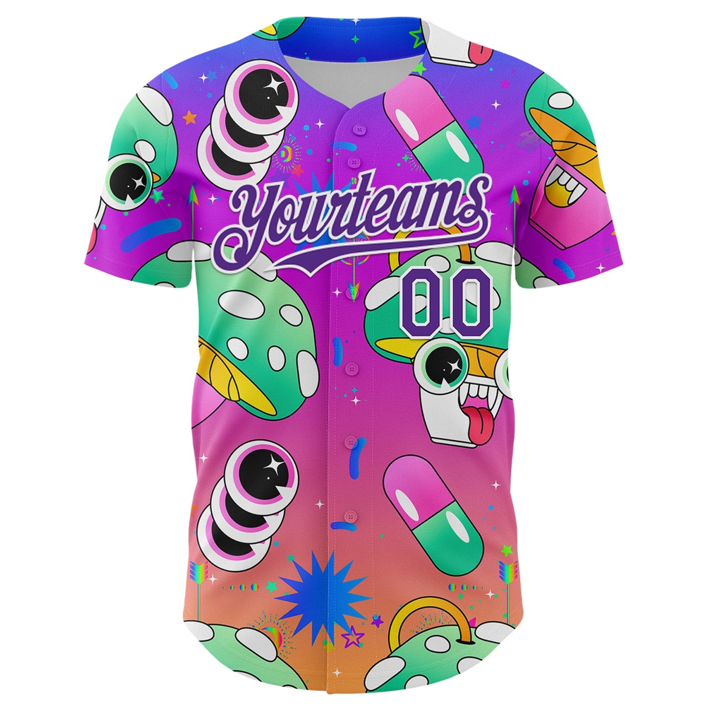 Custom Purple White 3D Pattern Design Trippy Psychedelic Magic Mushrooms Authentic Baseball Jersey view 2