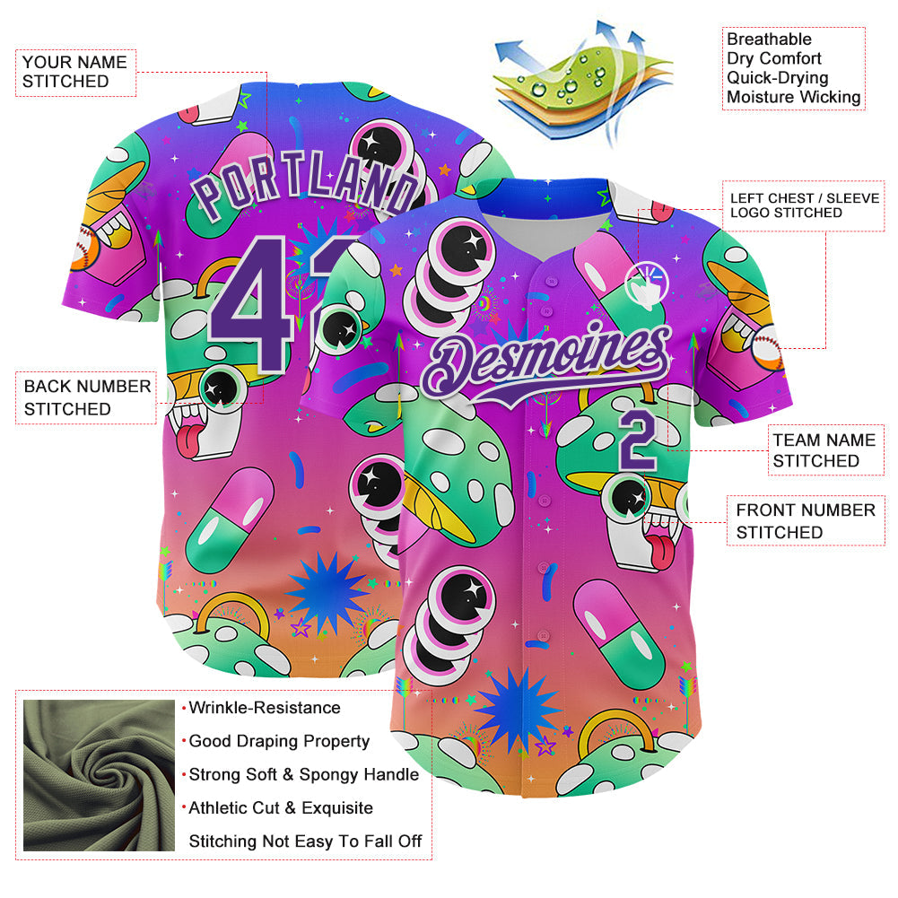 Custom Purple White 3D Pattern Design Trippy Psychedelic Magic Mushrooms Authentic Baseball Jersey view 3
