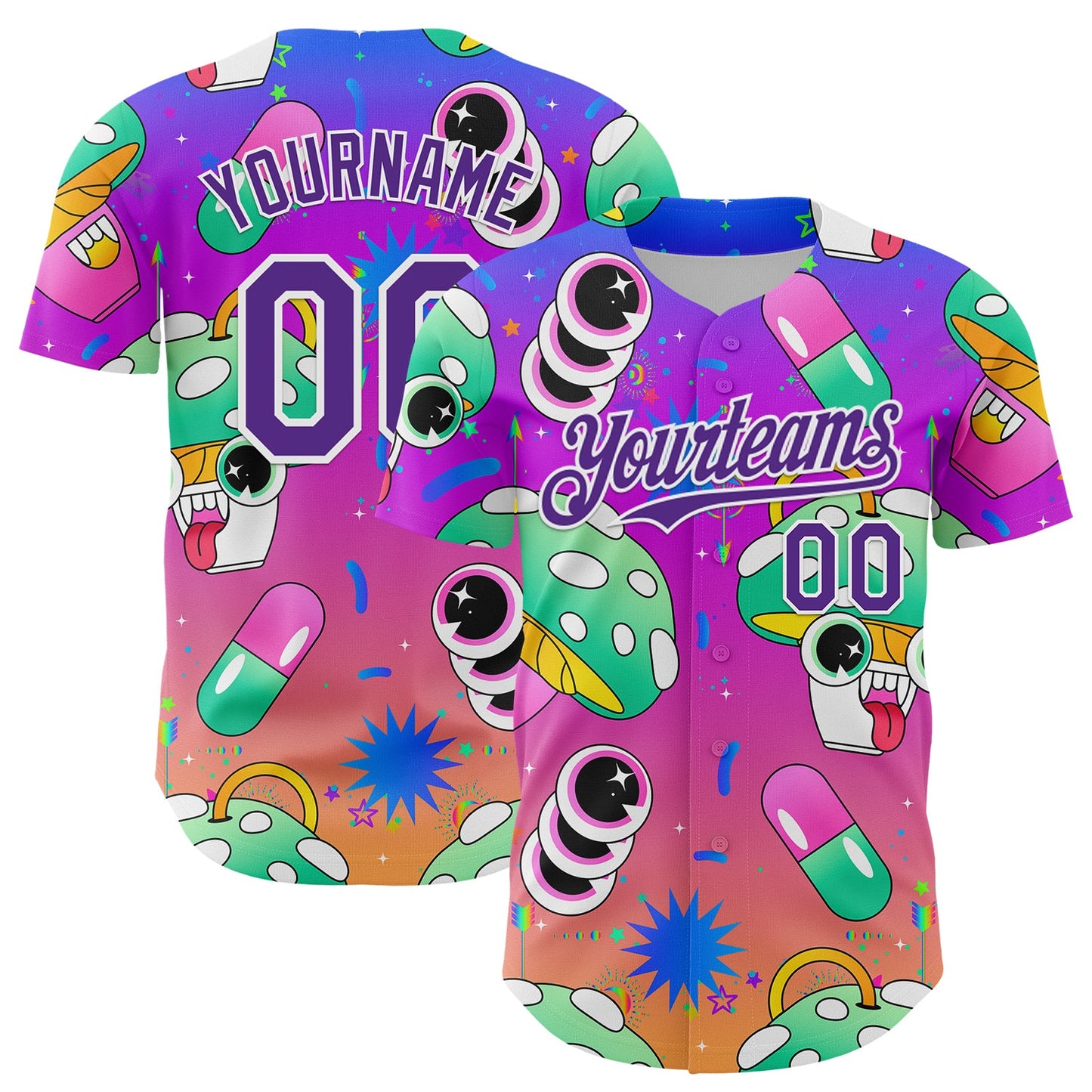 Custom Purple White 3D Pattern Design Trippy Psychedelic Magic Mushrooms Authentic Baseball Jersey - Main View