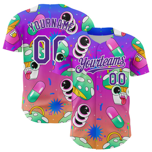 Custom Purple White 3D Pattern Design Trippy Psychedelic Magic Mushrooms Authentic Baseball Jersey - Main View