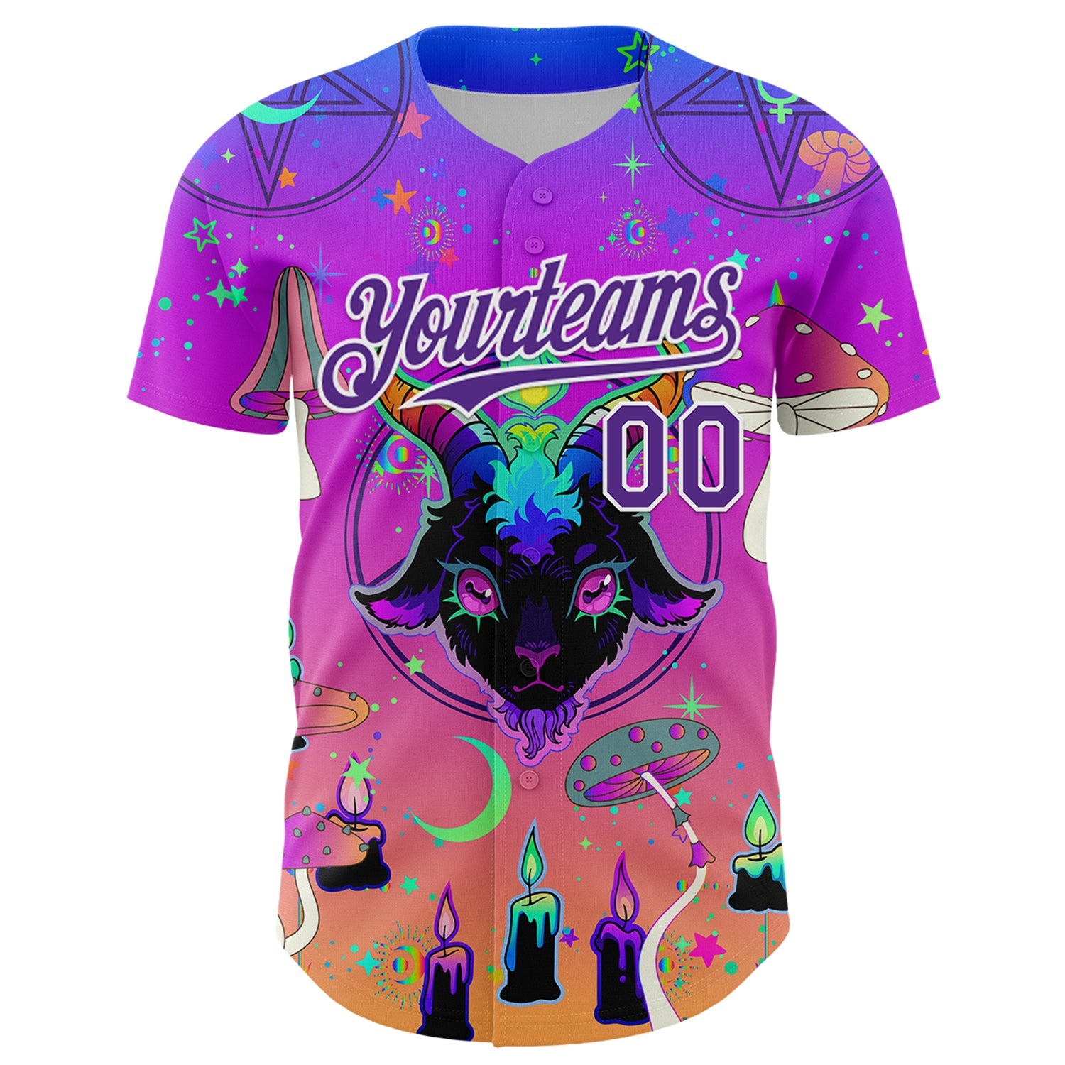 Custom Purple White 3D Pattern Design Trippy Magic Mushrooms Devil Authentic Baseball Jersey view 2