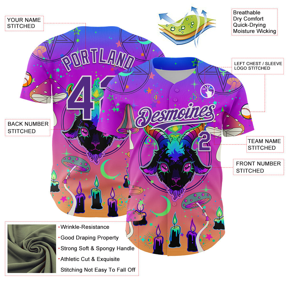 Custom Purple White 3D Pattern Design Trippy Magic Mushrooms Devil Authentic Baseball Jersey view 3