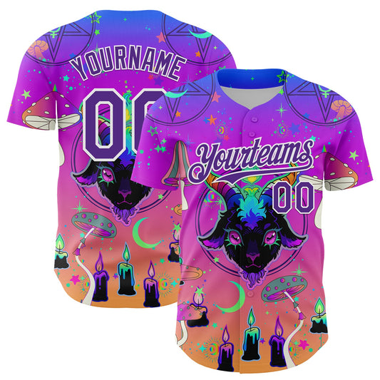 Custom Purple White 3D Pattern Design Trippy Magic Mushrooms Devil Authentic Baseball Jersey - Main View