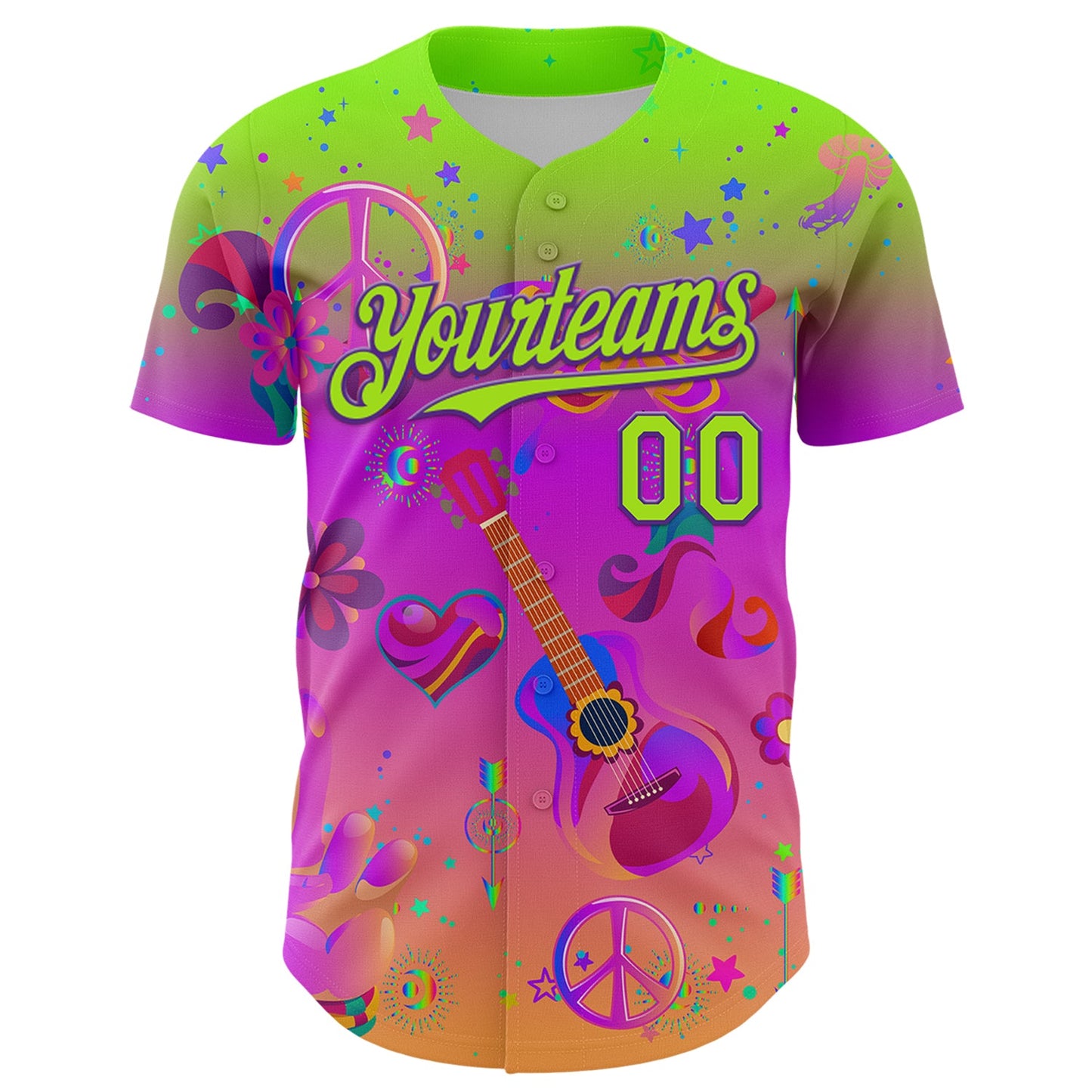 Custom Purple Neon Green 3D Pattern Design Trippy Peace And love Hippie Authentic Baseball Jersey view 2