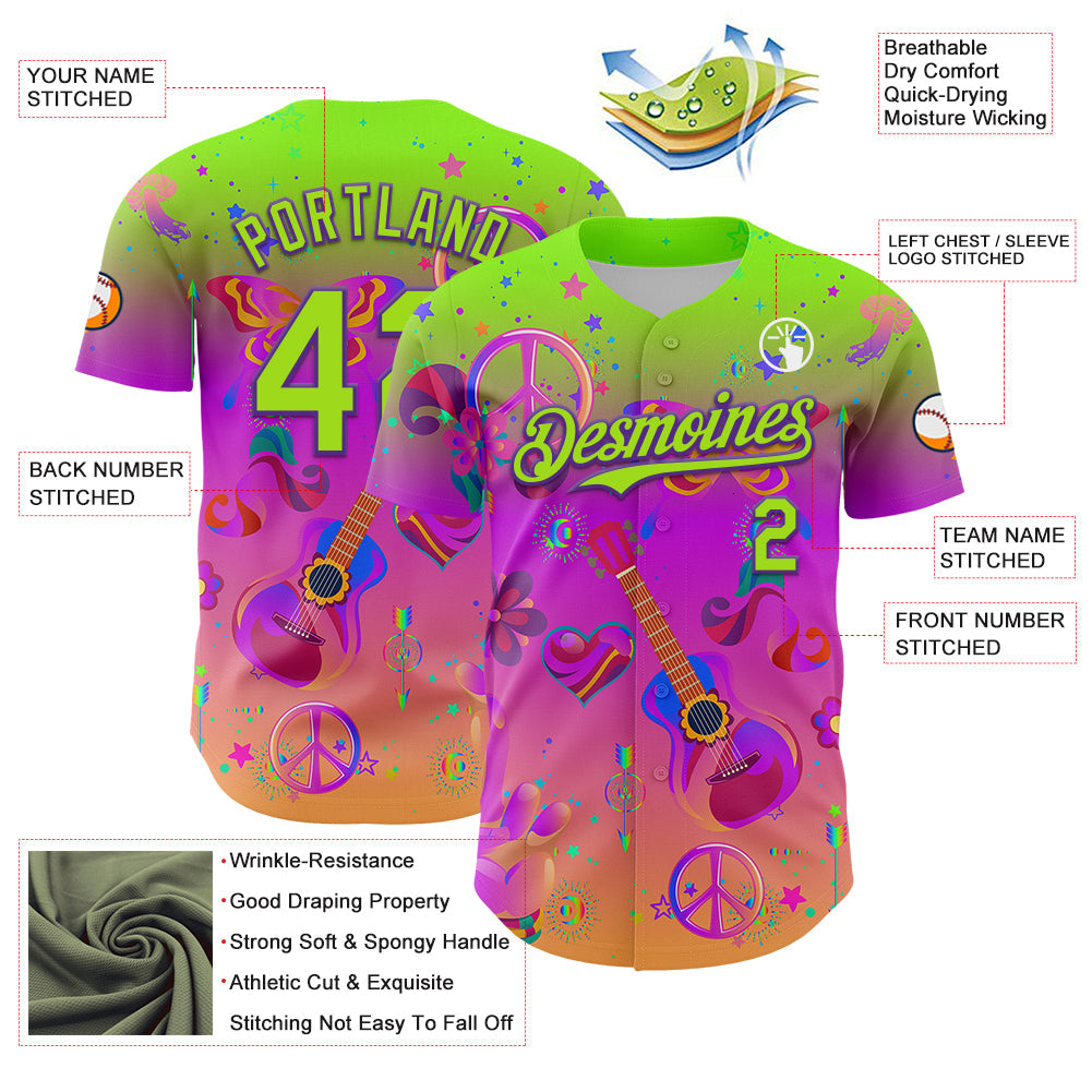 Custom Purple Neon Green 3D Pattern Design Trippy Peace And love Hippie Authentic Baseball Jersey view 3