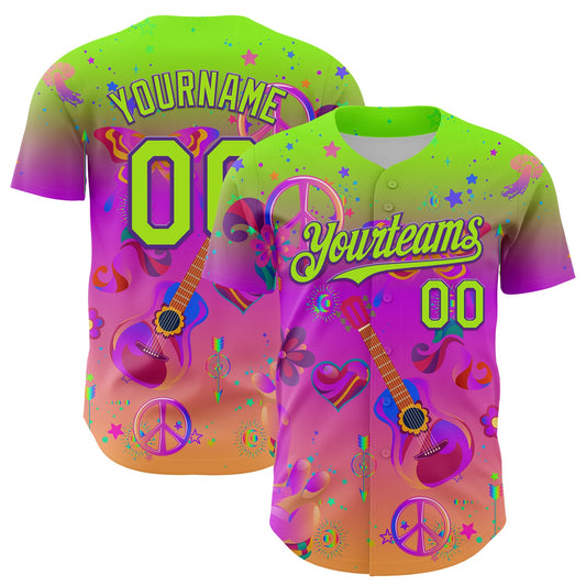 Custom Purple Neon Green 3D Pattern Design Trippy Peace And love Hippie Authentic Baseball Jersey - Main View