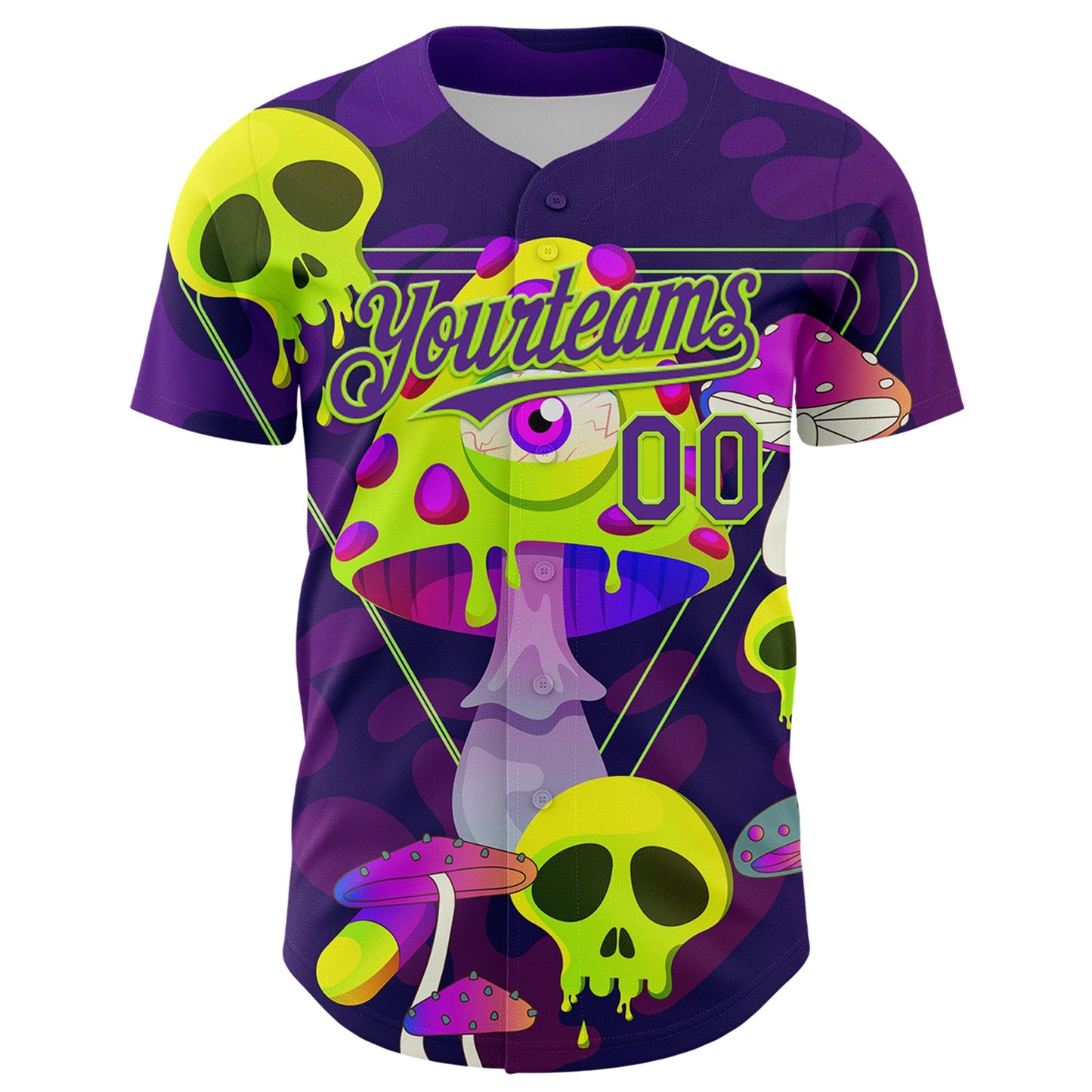 Custom Black Purple-Neon Green 3D Pattern Design Trippy Magic Mushrooms Skull Authentic Baseball Jersey view 2