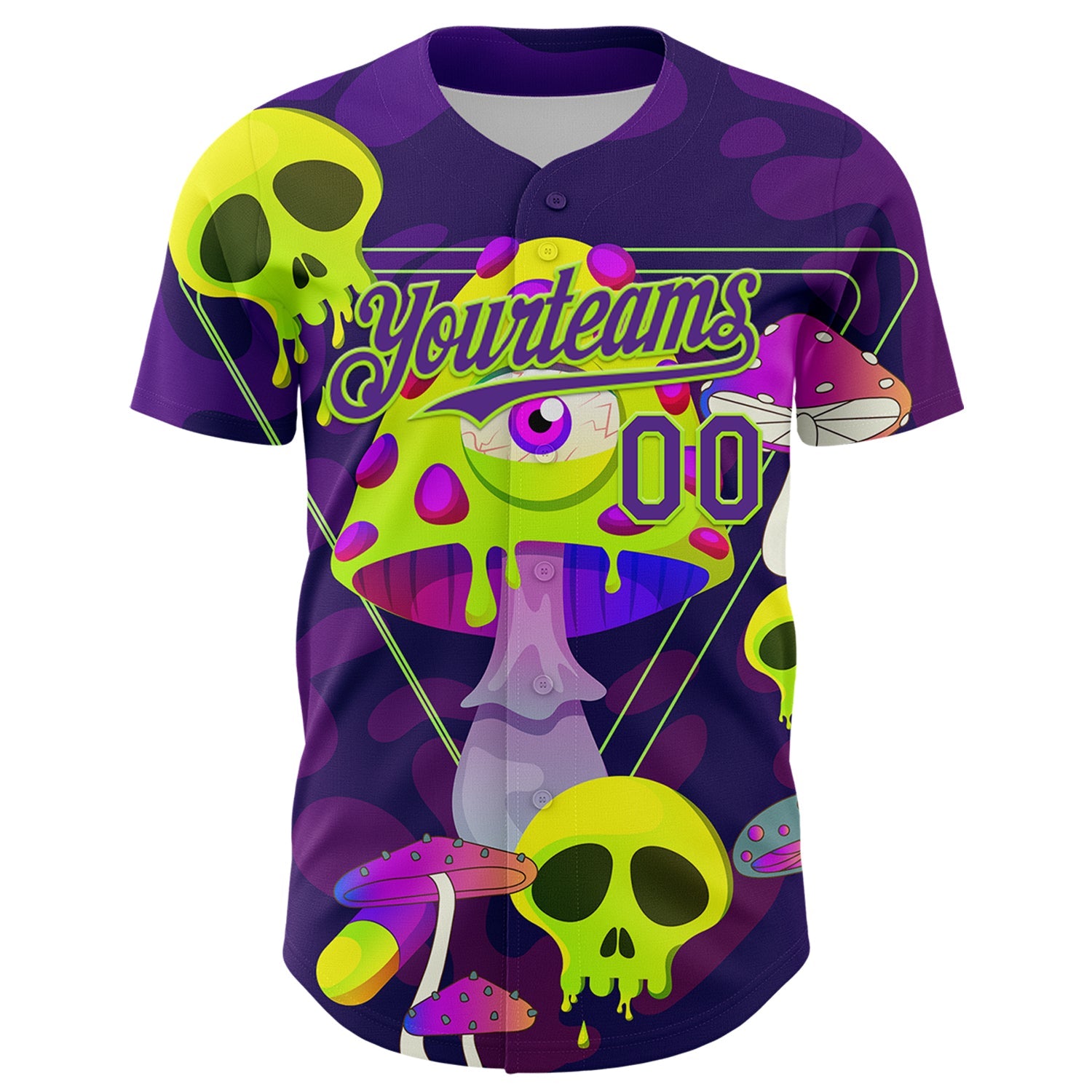 Custom Black Purple-Neon Green 3D Pattern Design Trippy Magic Mushrooms Skull Authentic Baseball Jersey view 2