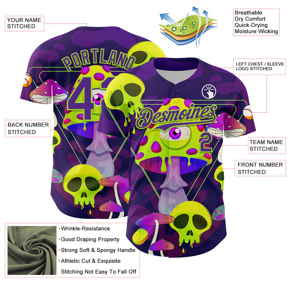 Custom Black Purple-Neon Green 3D Pattern Design Trippy Magic Mushrooms Skull Authentic Baseball Jersey view 3