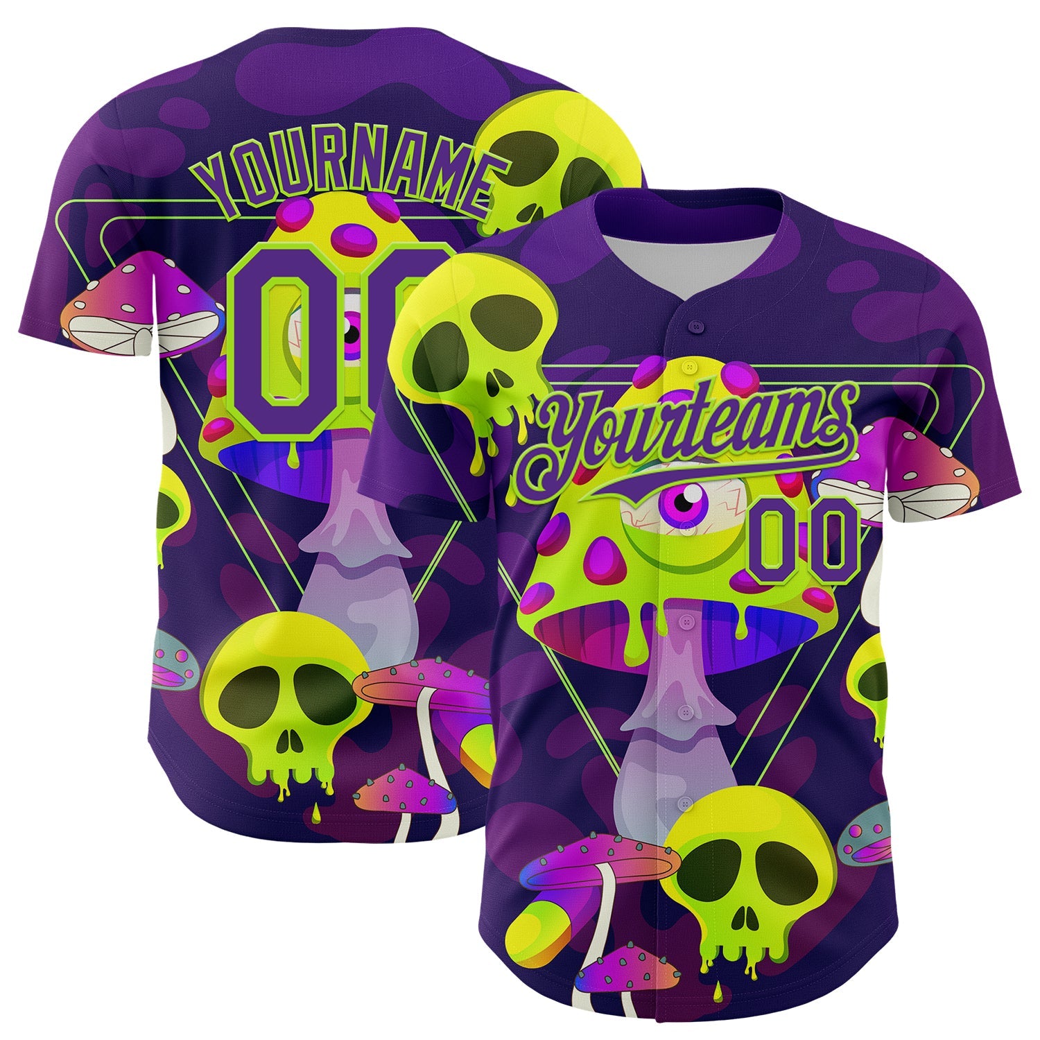 Custom Black Purple-Neon Green 3D Pattern Design Trippy Magic Mushrooms Skull Authentic Baseball Jersey - Main View