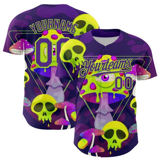 Custom Black Purple-Neon Green 3D Pattern Design Trippy Magic Mushrooms Skull Authentic Baseball Jersey - Main View