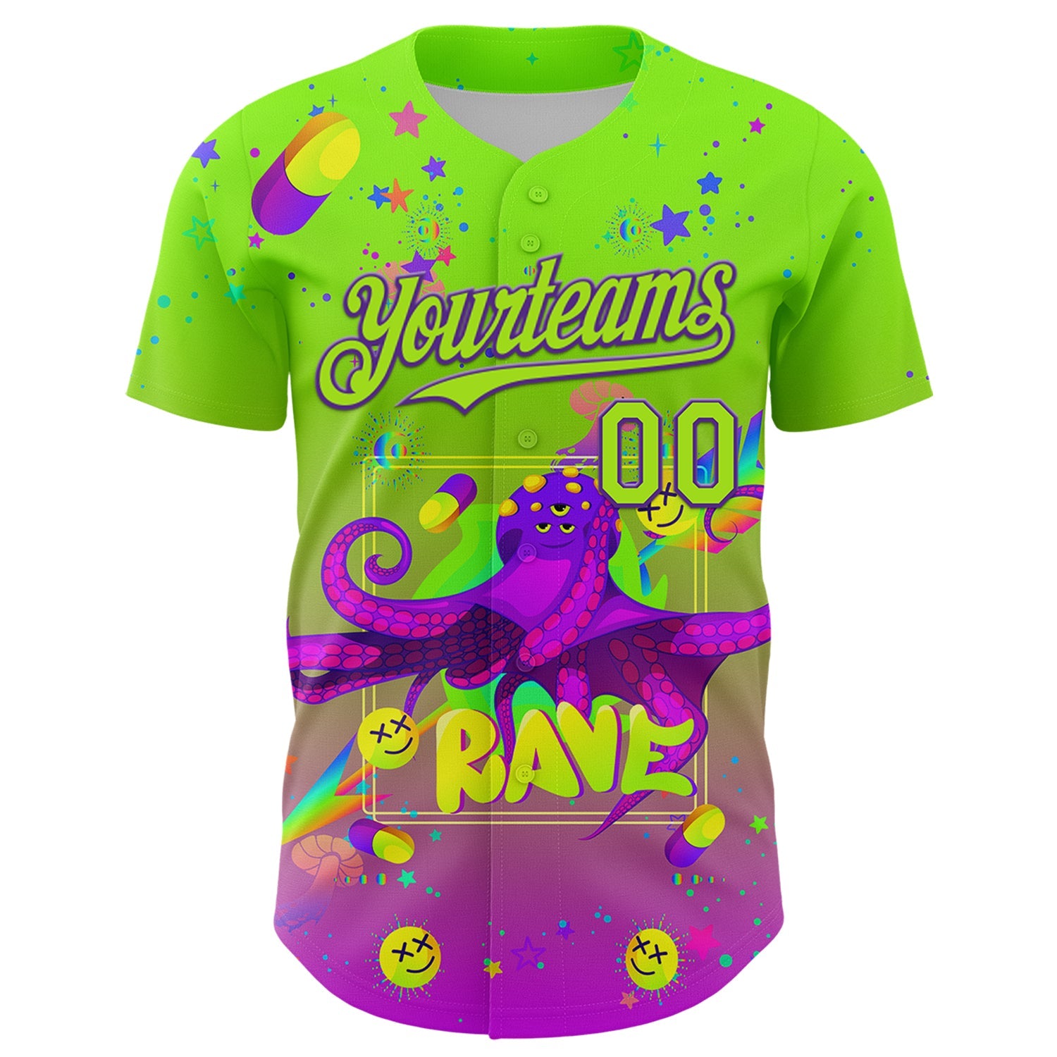 Custom Green Neon Green-Purple 3D Pattern Design Trippy Psychedelic Octopus Authentic Baseball Jersey view 2