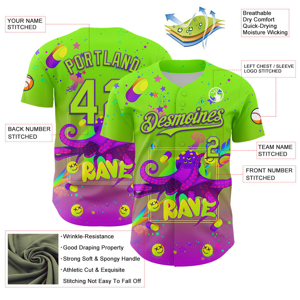 Custom Green Neon Green-Purple 3D Pattern Design Trippy Psychedelic Octopus Authentic Baseball Jersey view 3