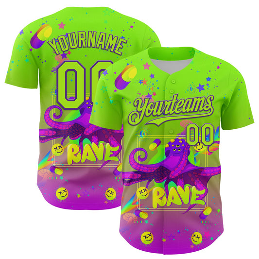 Custom Green Neon Green-Purple 3D Pattern Design Trippy Psychedelic Octopus Authentic Baseball Jersey - Main View