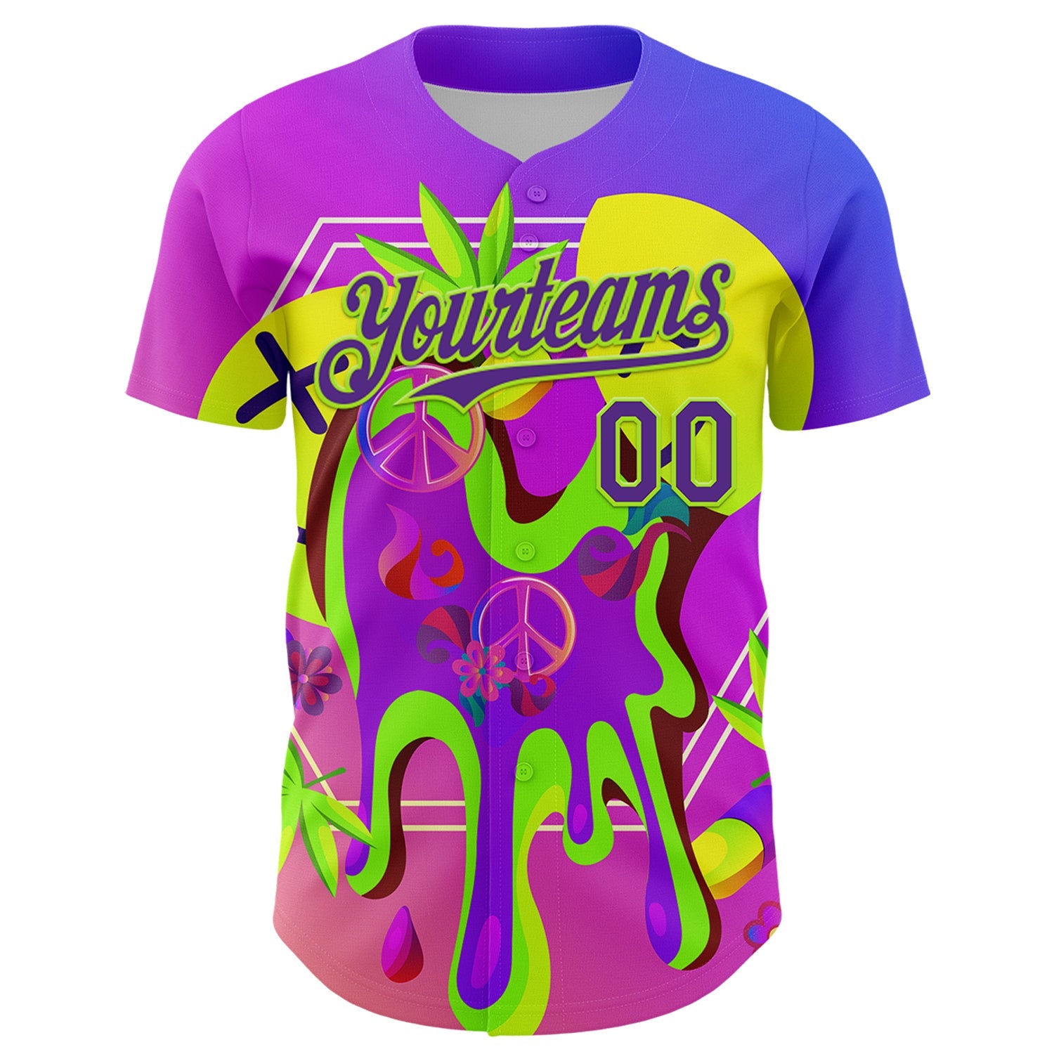 Custom Purple Neon Green 3D Pattern Design Trippy Psychedelic Peace Sign Authentic Baseball Jersey view 2