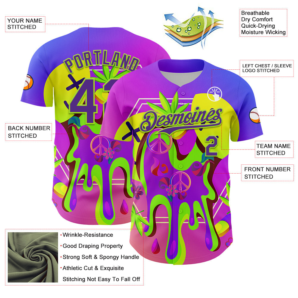 Custom Purple Neon Green 3D Pattern Design Trippy Psychedelic Peace Sign Authentic Baseball Jersey view 3
