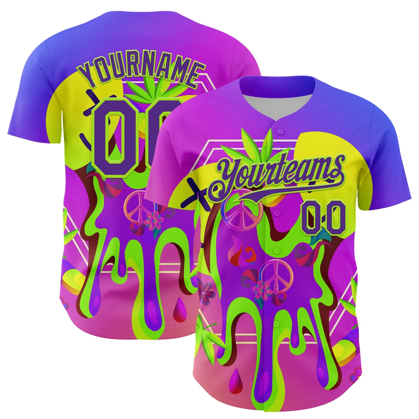 Custom Purple Neon Green 3D Pattern Design Trippy Psychedelic Peace Sign Authentic Baseball Jersey - Main View