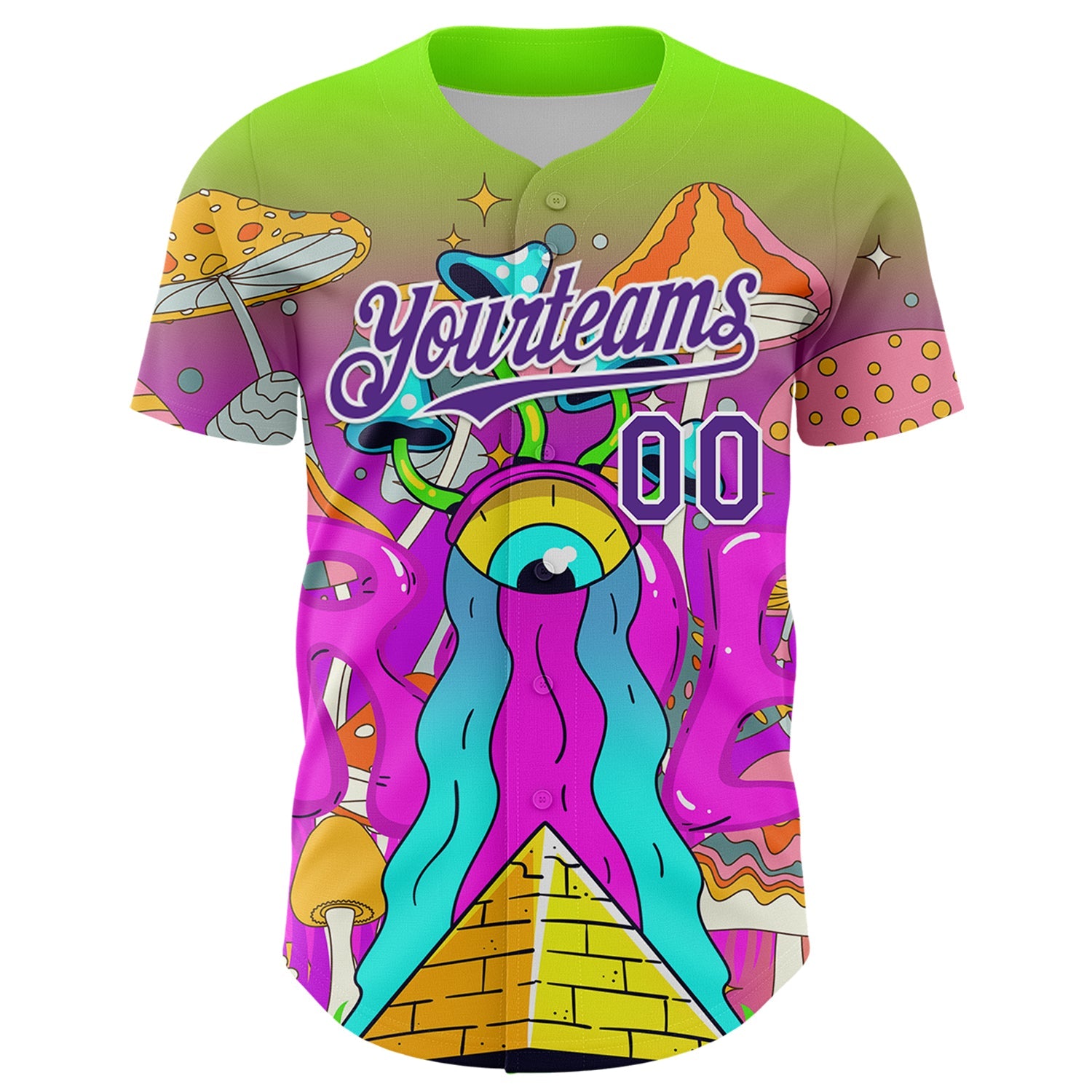 Custom Green Purple-White 3D Pattern Design Trippy Magic Mushrooms Acid Authentic Baseball Jersey view 2