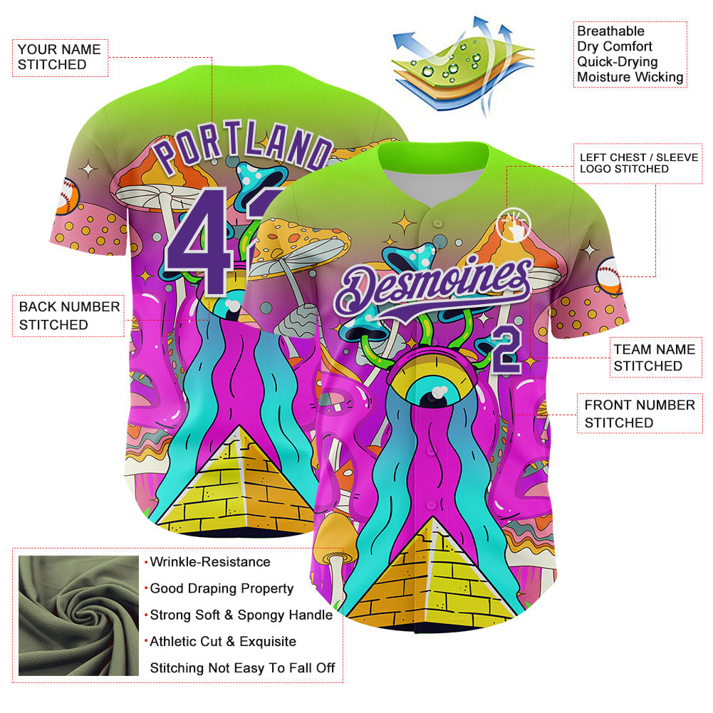 Custom Green Purple-White 3D Pattern Design Trippy Magic Mushrooms Acid Authentic Baseball Jersey view 3