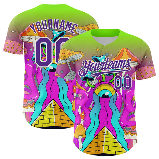 Custom Green Purple-White 3D Pattern Design Trippy Magic Mushrooms Acid Authentic Baseball Jersey - Main View