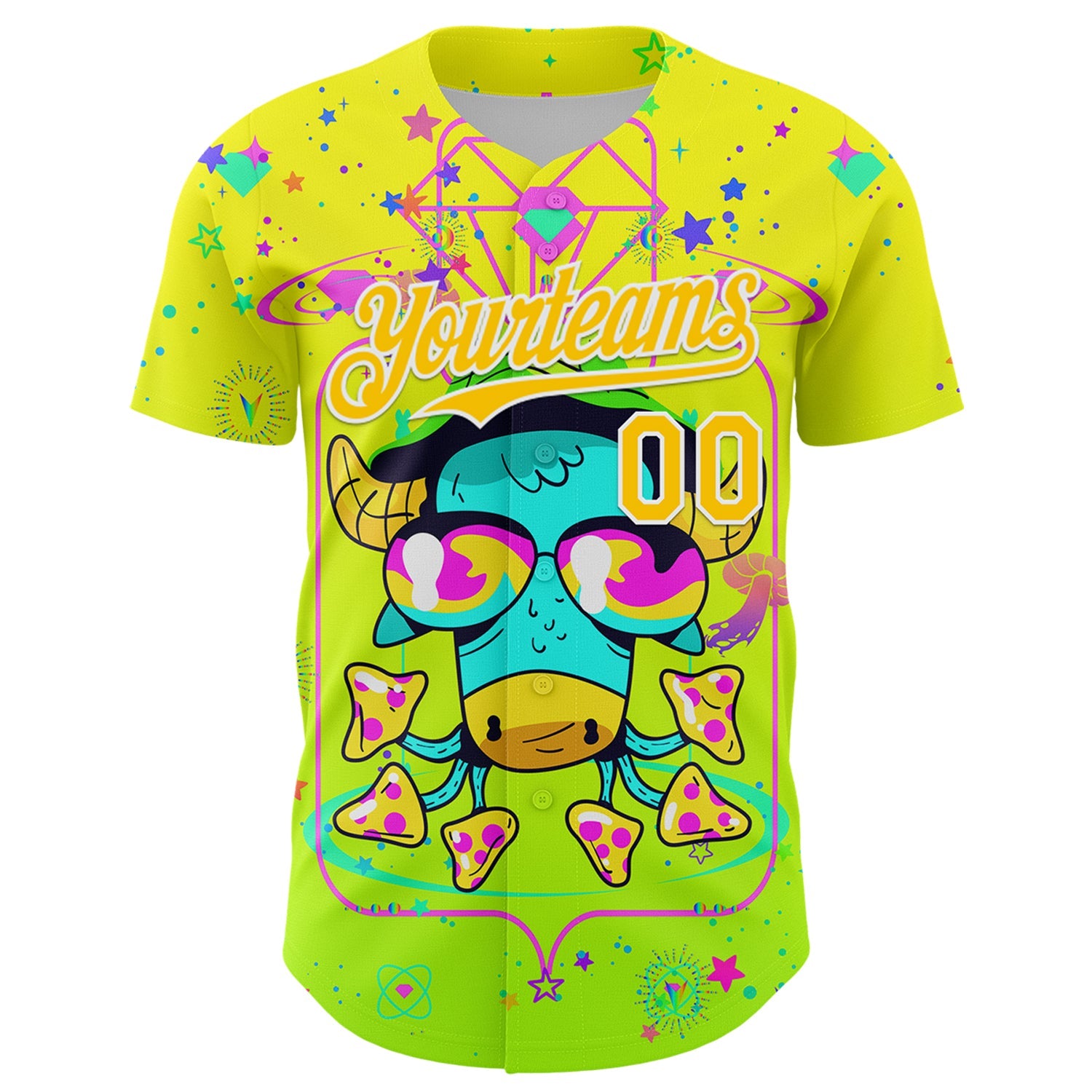 Custom Gold Yellow Green-White 3D Pattern Design Trippy Psychedelic Magic Mushrooms Authentic Baseball Jersey view 2