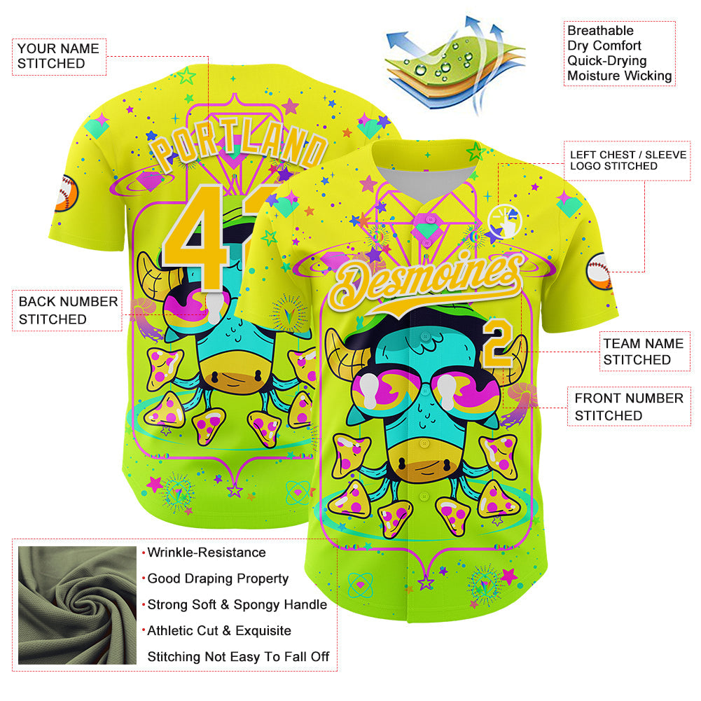 Custom Gold Yellow Green-White 3D Pattern Design Trippy Psychedelic Magic Mushrooms Authentic Baseball Jersey view 3