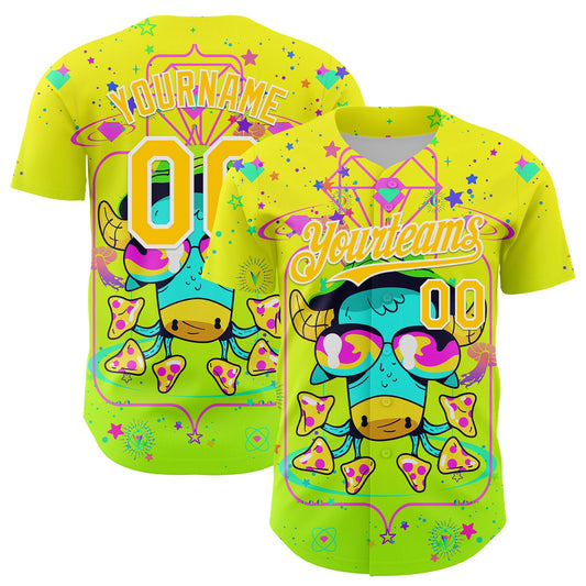 Custom Gold Yellow Green-White 3D Pattern Design Trippy Psychedelic Magic Mushrooms Authentic Baseball Jersey - Main View