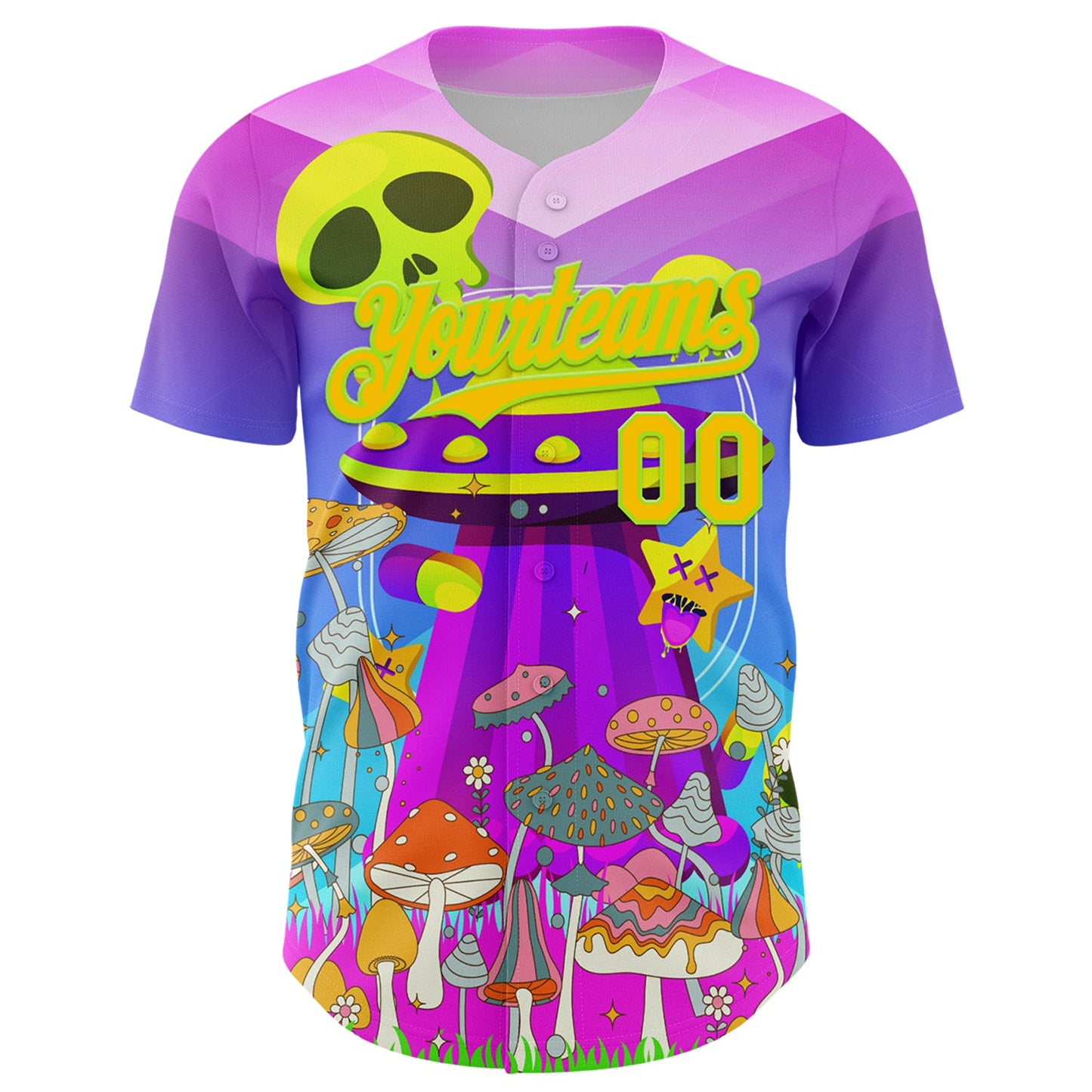 Custom Purple Yellow-Neon Green 3D Pattern Design Trippy Magic Mushrooms Alien Authentic Baseball Jersey view 2