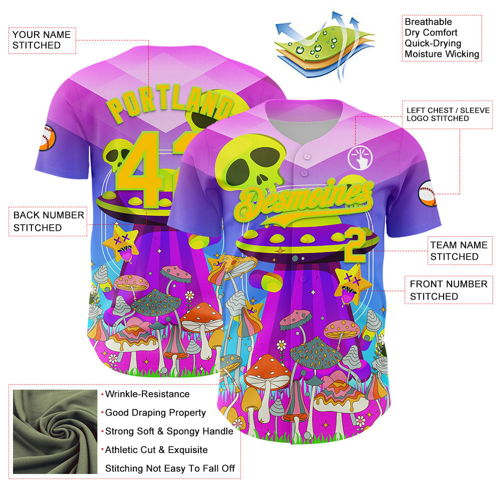 Custom Purple Yellow-Neon Green 3D Pattern Design Trippy Magic Mushrooms Alien Authentic Baseball Jersey view 3