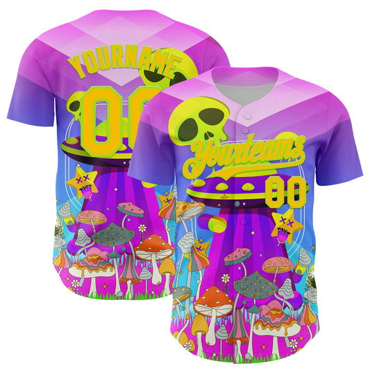 Custom Purple Yellow-Neon Green 3D Pattern Design Trippy Magic Mushrooms Alien Authentic Baseball Jersey - Main View