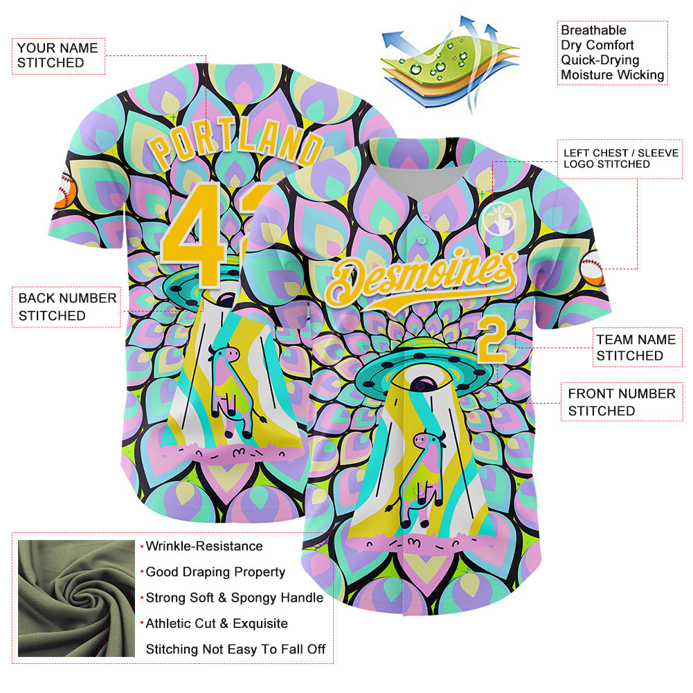 Custom Purple Yellow-White 3D Pattern Design Trippy Magic Mushrooms Alien Authentic Baseball Jersey view 3
