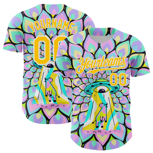 Custom Purple Yellow-White 3D Pattern Design Trippy Magic Mushrooms Alien Authentic Baseball Jersey - Main View