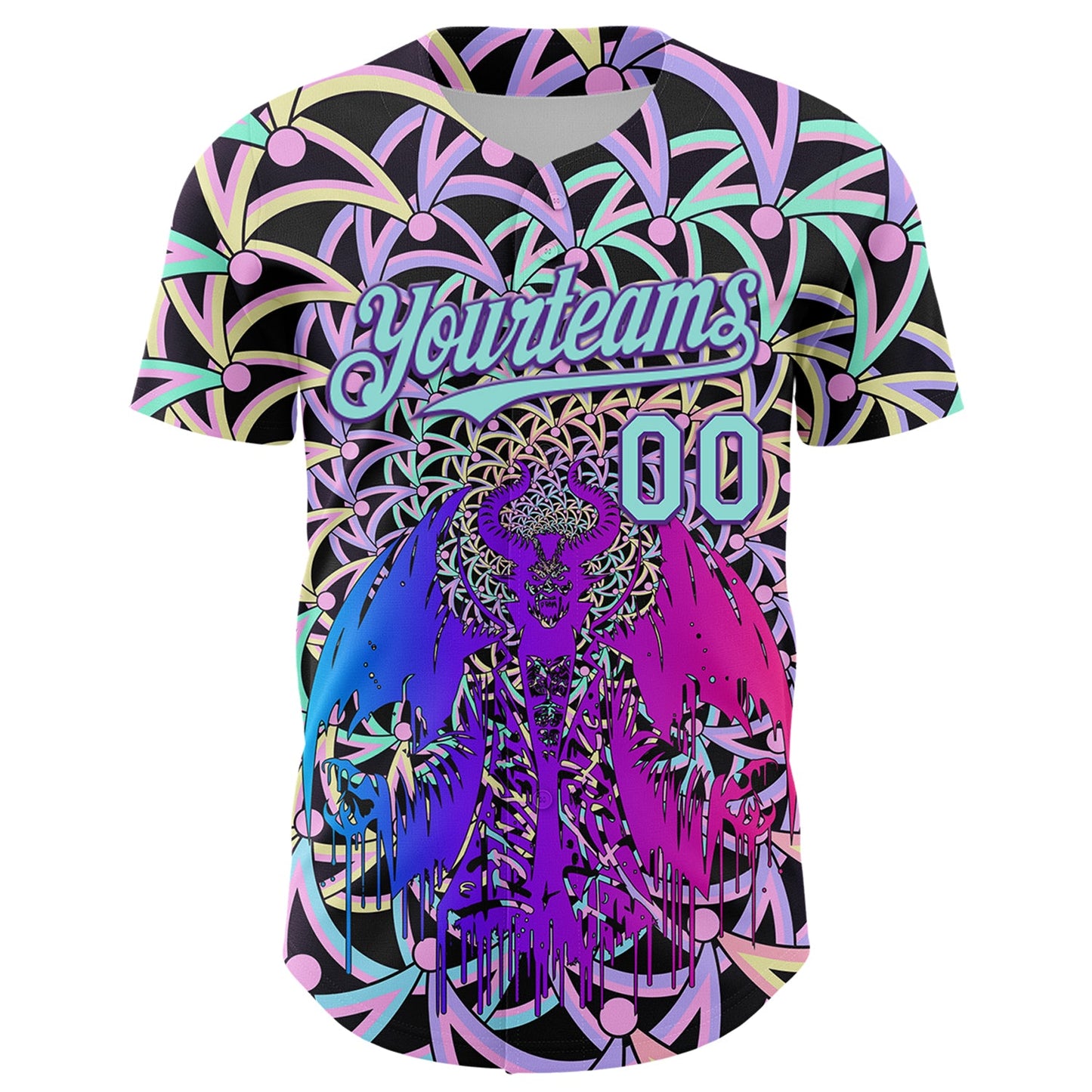 Custom Purple Ice Blue 3D Pattern Design Trippy Magic Mushrooms Devil Authentic Baseball Jersey view 2