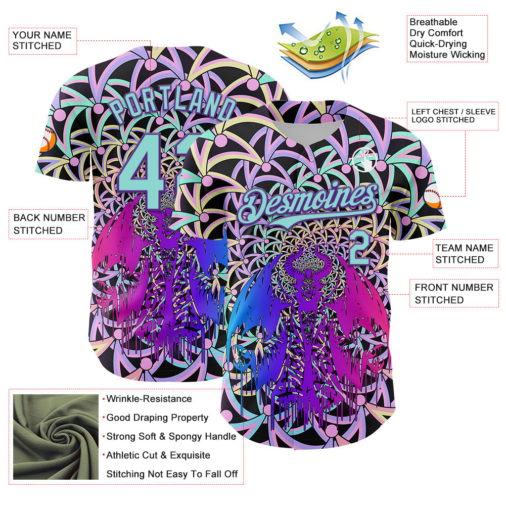 Custom Purple Ice Blue 3D Pattern Design Trippy Magic Mushrooms Devil Authentic Baseball Jersey view 3