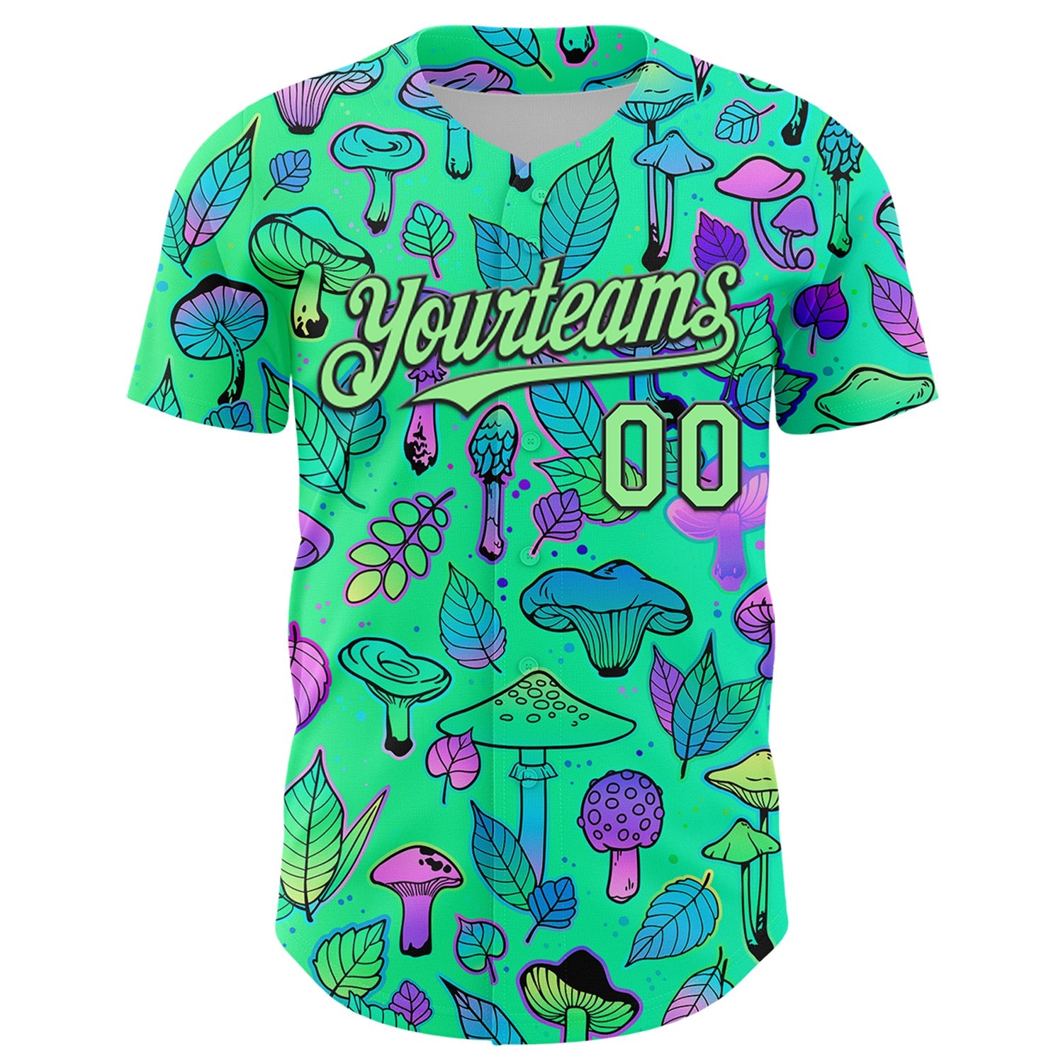Custom Green Pea Green-Black 3D Pattern Design Trippy Magic Mushrooms Plant Authentic Baseball Jersey view 2