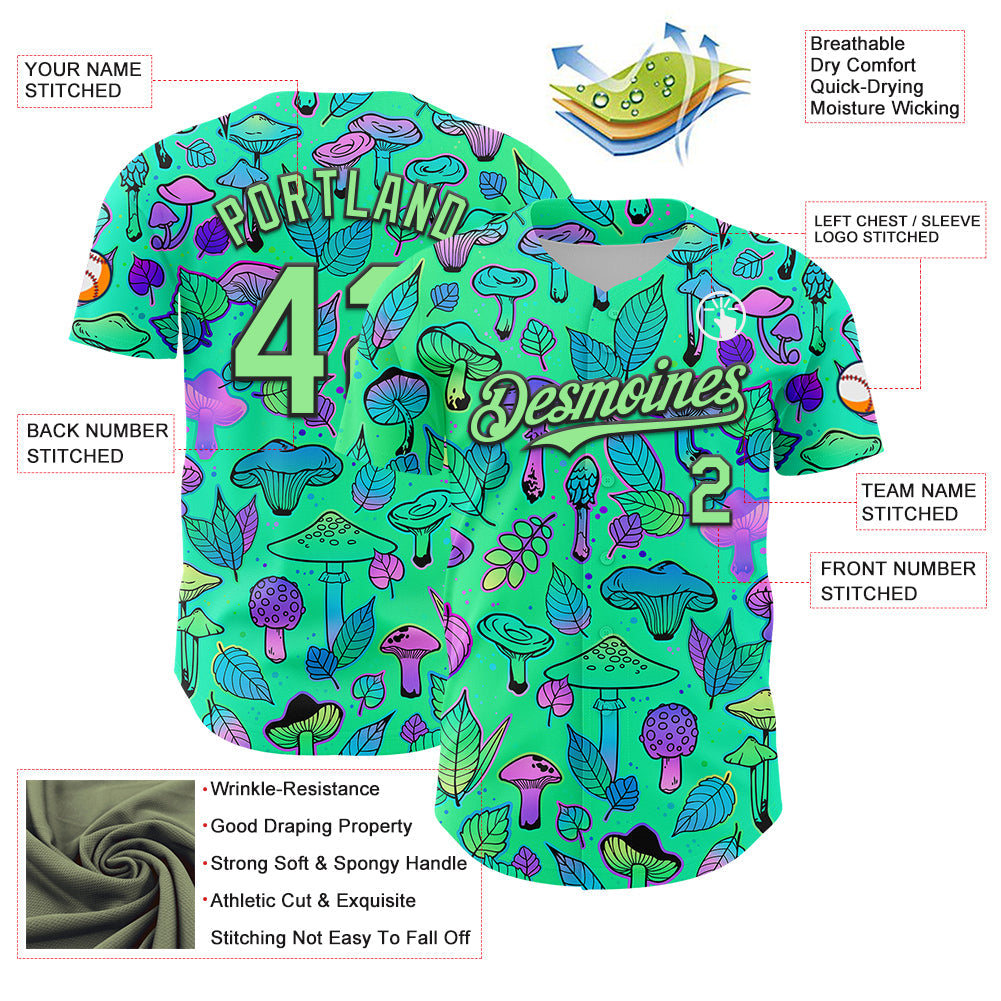 Custom Green Pea Green-Black 3D Pattern Design Trippy Magic Mushrooms Plant Authentic Baseball Jersey view 3