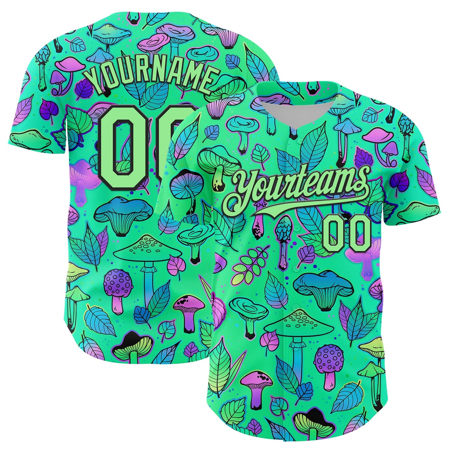 Custom Green Pea Green-Black 3D Pattern Design Trippy Magic Mushrooms Plant Authentic Baseball Jersey - Main View