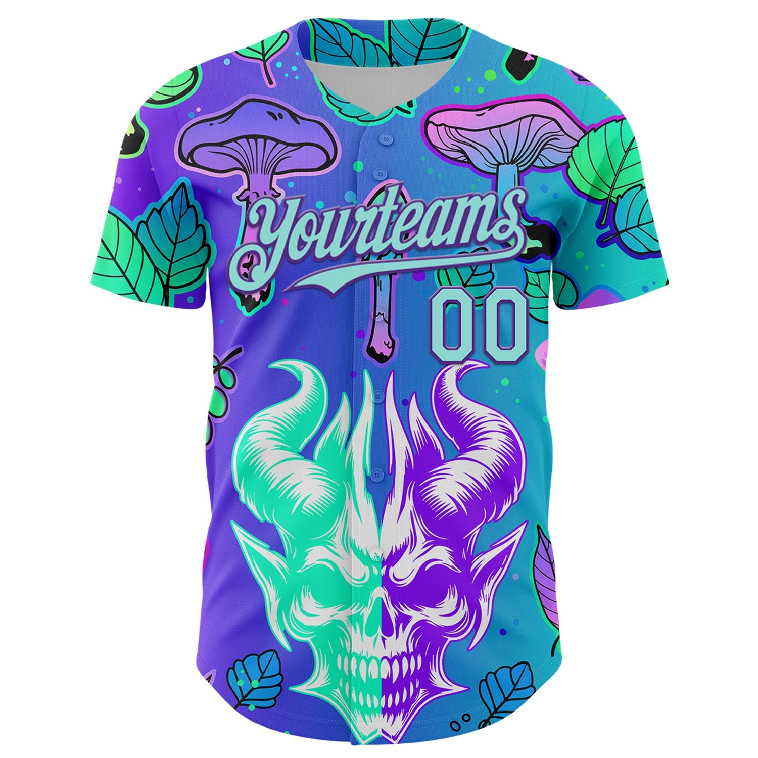 Custom Blue Ice Blue-Purple 3D Pattern Design Trippy Magic Mushrooms Demon Skull Authentic Baseball Jersey view 2