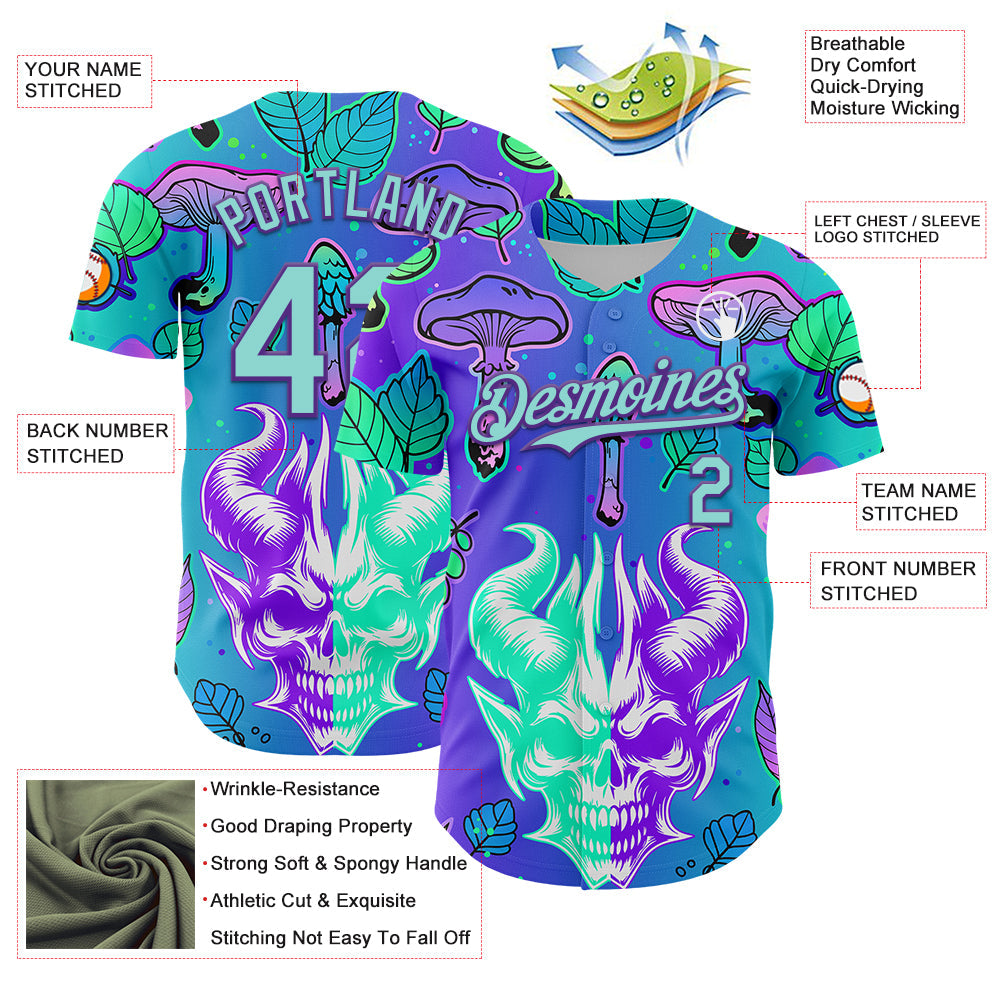 Custom Blue Ice Blue-Purple 3D Pattern Design Trippy Magic Mushrooms Demon Skull Authentic Baseball Jersey view 3