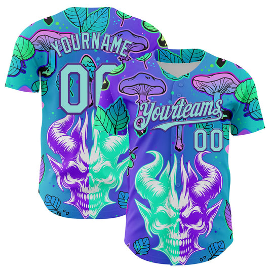 Custom Blue Ice Blue-Purple 3D Pattern Design Trippy Magic Mushrooms Demon Skull Authentic Baseball Jersey - Main View