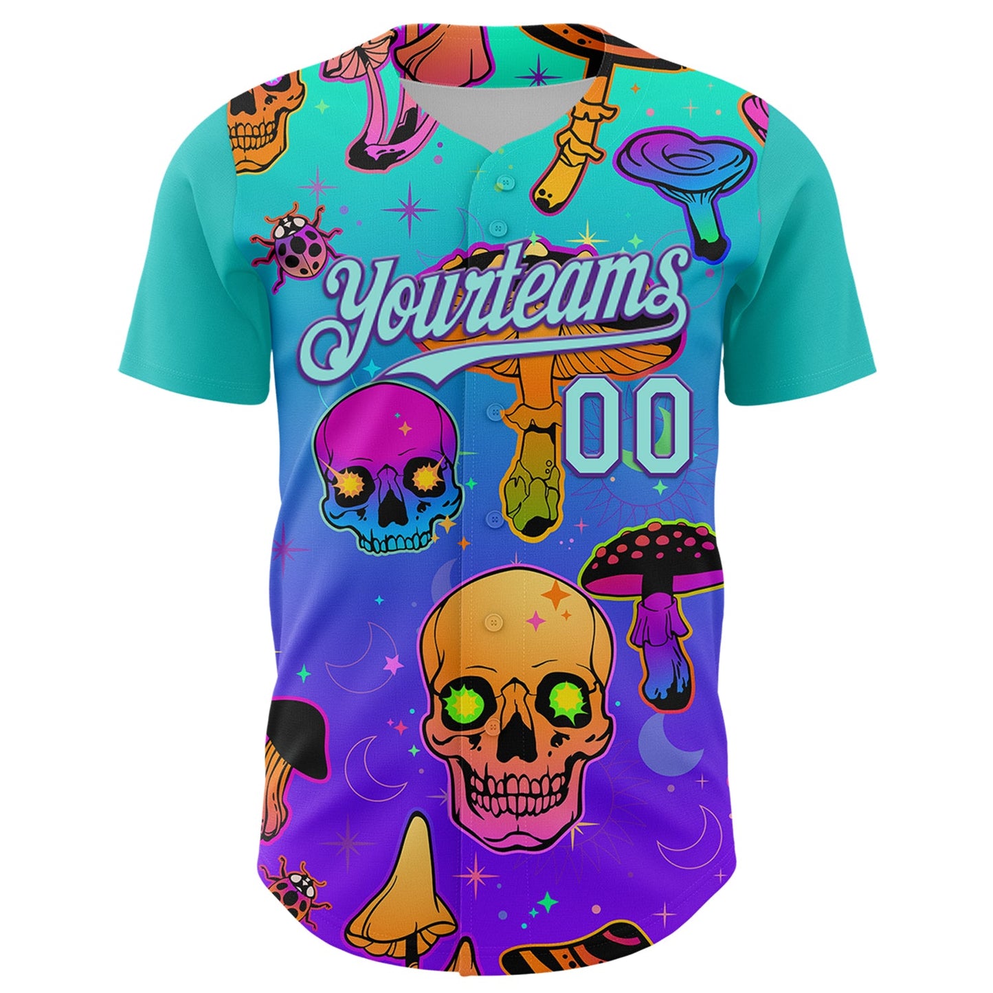 Custom Blue Ice Blue-Purple 3D Pattern Design Trippy Magic Mushrooms Skull Authentic Baseball Jersey view 2