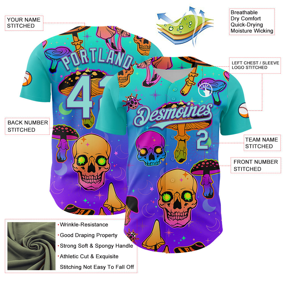 Custom Blue Ice Blue-Purple 3D Pattern Design Trippy Magic Mushrooms Skull Authentic Baseball Jersey view 3