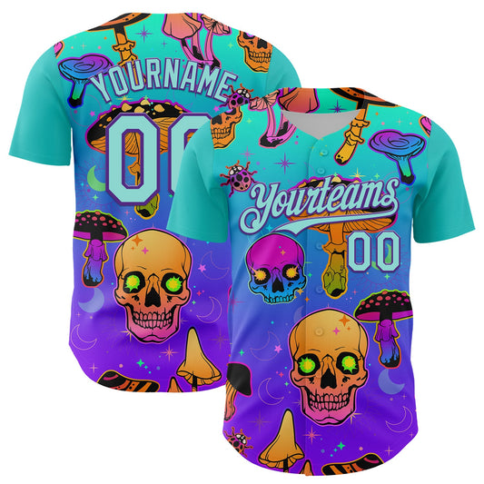 Custom Blue Ice Blue-Purple 3D Pattern Design Trippy Magic Mushrooms Skull Authentic Baseball Jersey - Main View