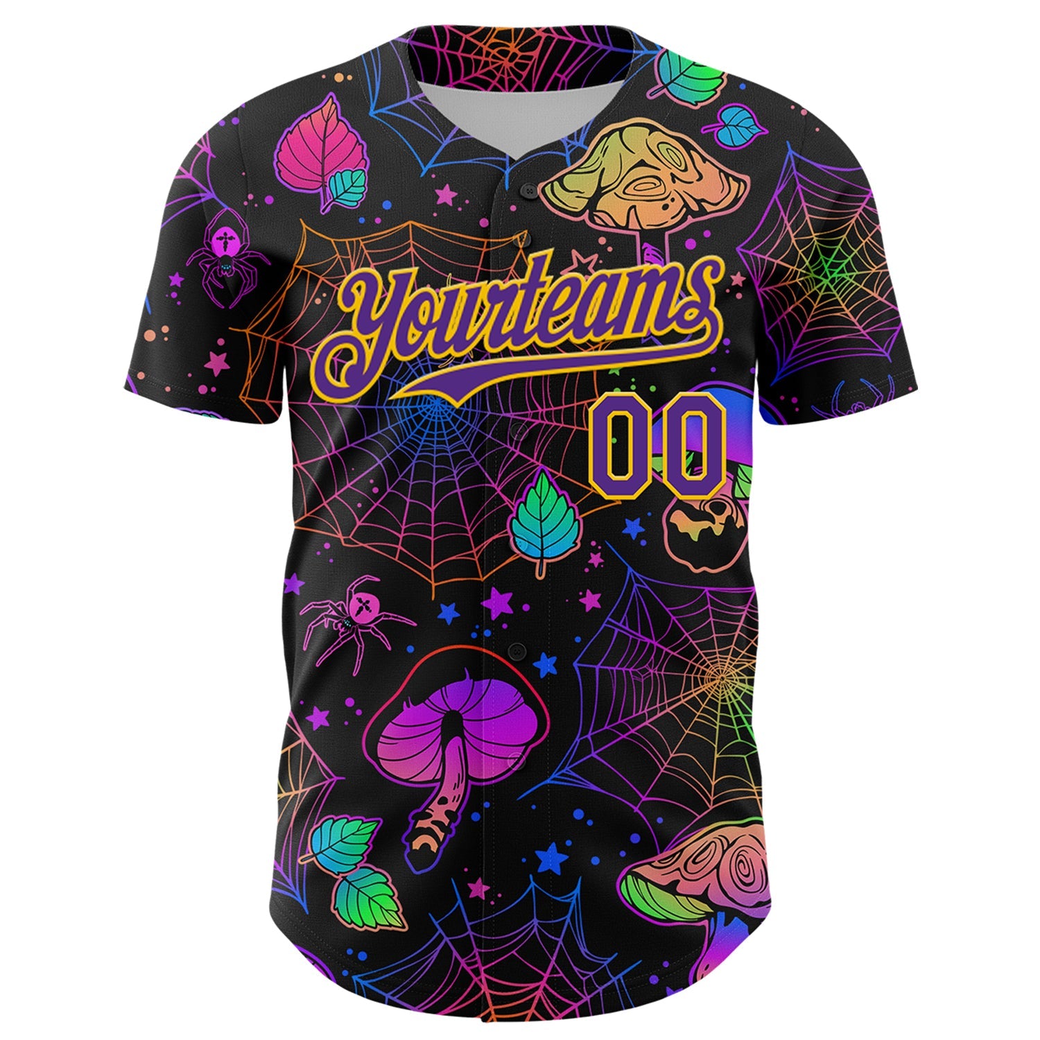 Custom Black Purple-Yellow 3D Pattern Design Trippy Magic Mushrooms Spider Web Authentic Baseball Jersey view 2