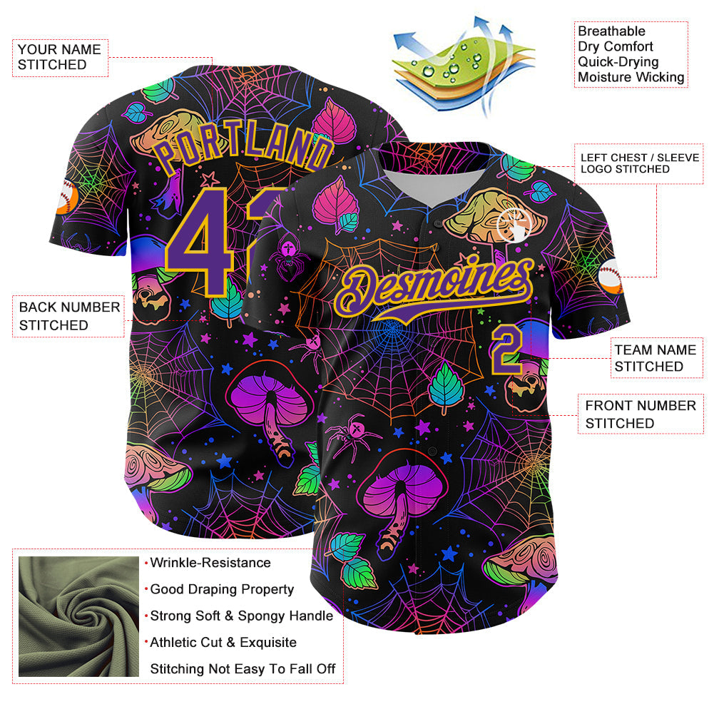 Custom Black Purple-Yellow 3D Pattern Design Trippy Magic Mushrooms Spider Web Authentic Baseball Jersey view 3