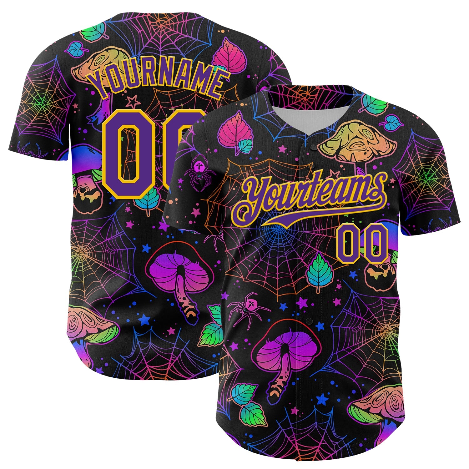 Custom Black Purple-Yellow 3D Pattern Design Trippy Magic Mushrooms Spider Web Authentic Baseball Jersey - Main View