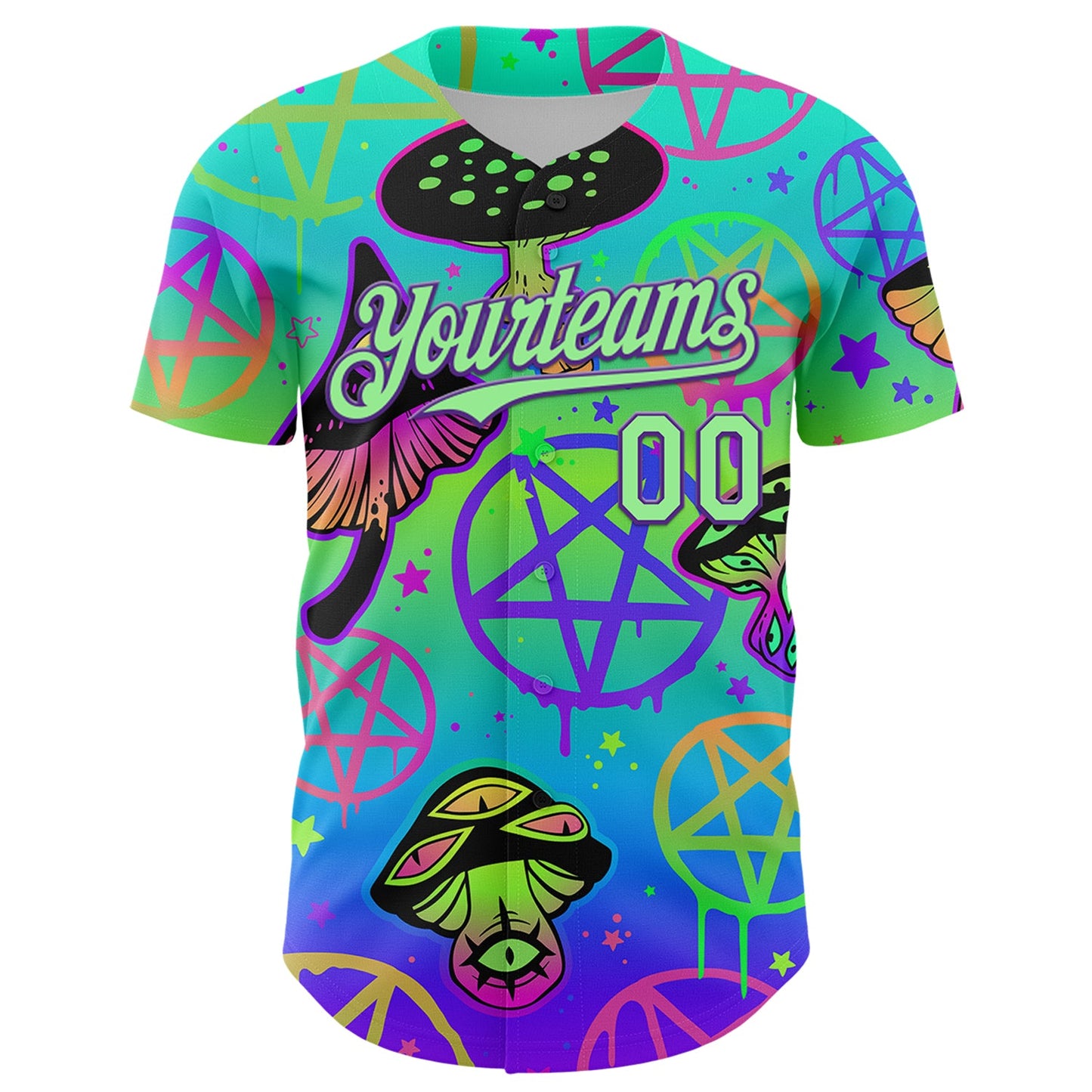 Custom Blue Pea Green-Purple 3D Pattern Design Trippy Magic Mushrooms Pentacle Authentic Baseball Jersey view 2