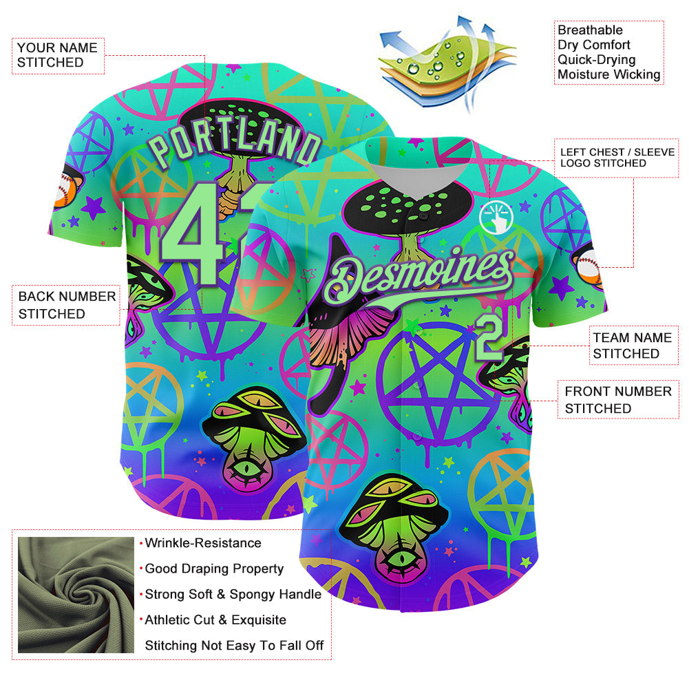 Custom Blue Pea Green-Purple 3D Pattern Design Trippy Magic Mushrooms Pentacle Authentic Baseball Jersey view 3