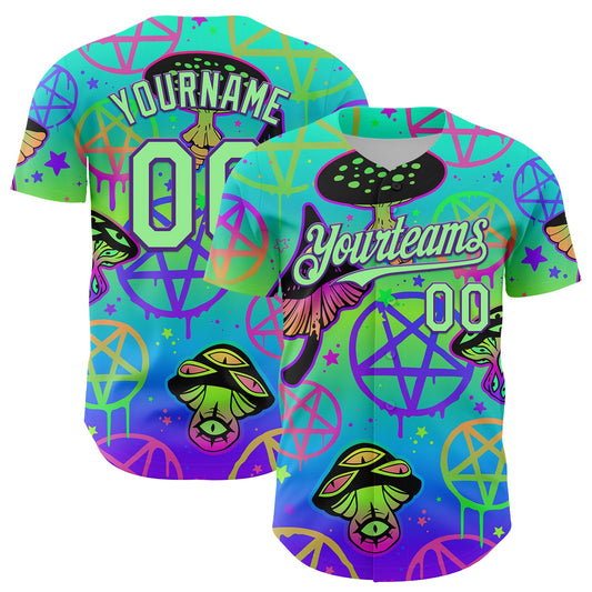Custom Blue Pea Green-Purple 3D Pattern Design Trippy Magic Mushrooms Pentacle Authentic Baseball Jersey - Main View