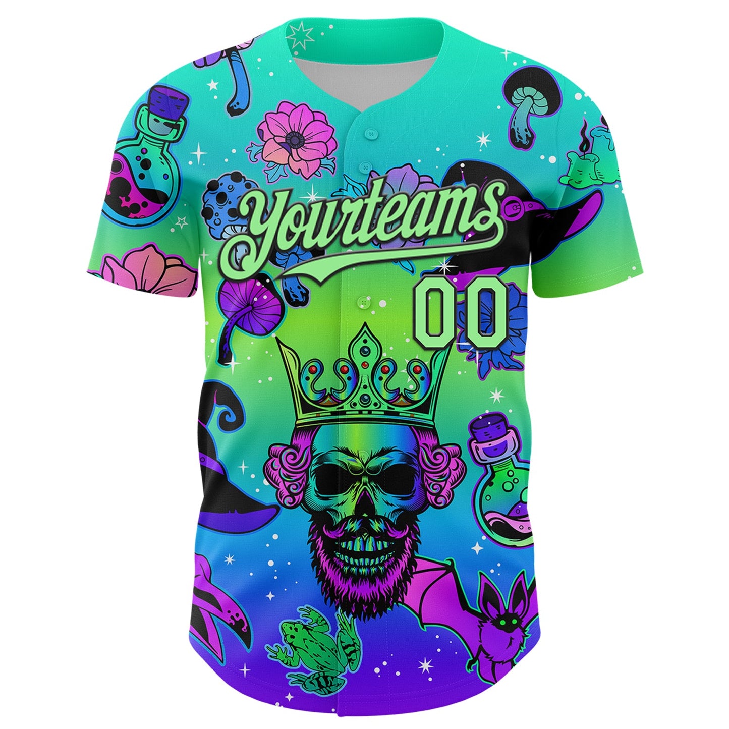 Custom Blue Pea Green-Black 3D Pattern Design Trippy Magic Mushrooms Skull Authentic Baseball Jersey view 2